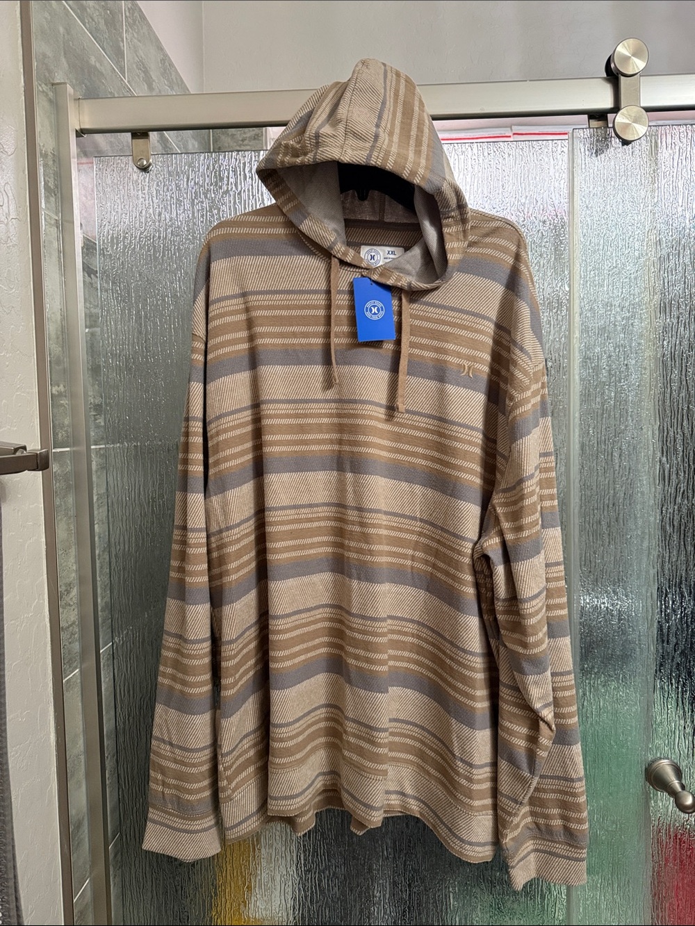 Striped Hooded Long Sleeve Shirt - Tan & Gray
